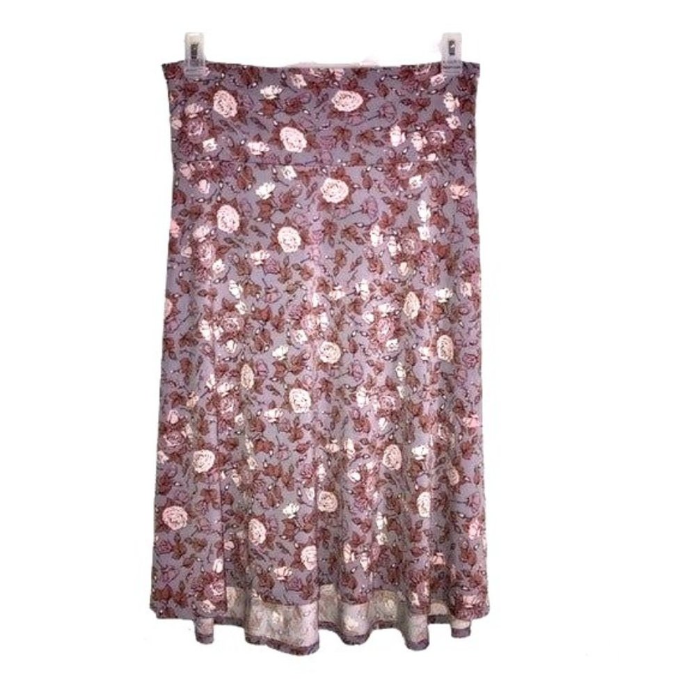 LuLaRoe Azure Grey Floral Skirt Roses Large Pink Mauve Midi A-line